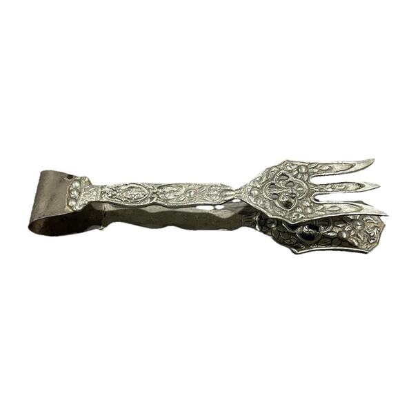 Antique Vintage Silver Floral Italian Gothic Serving Salad Dinner Tongs - Picture 1 of 7